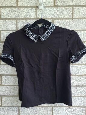 RW&CO. Black Short-Sleeve Polo with Tweed-Trim Collar